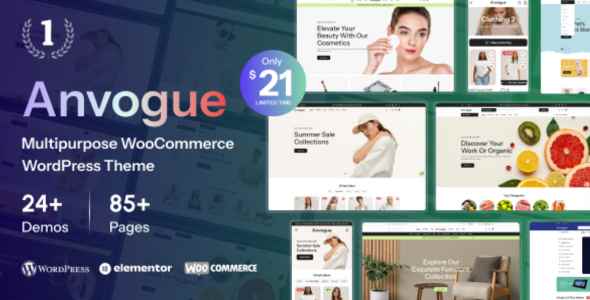 Promotional graphic for 'Anvogue', a WooCommerce WordPress theme with examples of webpage layouts.