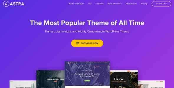 Web page promoting 'Astra' WordPress theme, with a purple background and theme screenshots.