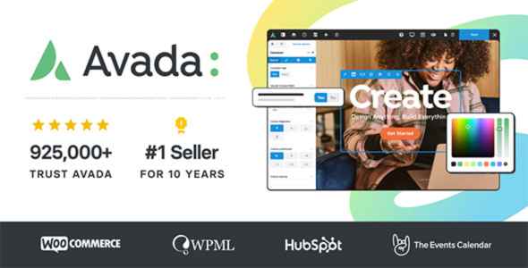 Advertisement for Avada theme with accolades and compatibility logos like WooCommerce and HubSpot.