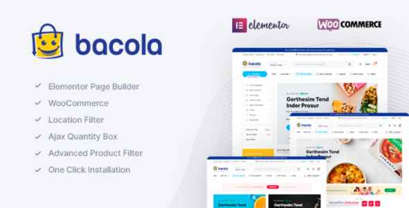 Promotional graphic for "bacola" with features listed and snapshots of the website interface.