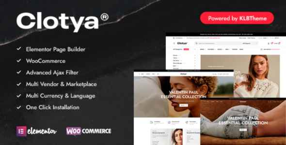 Advertisement for Clotya WordPress theme featuring ecommerce and Elementor builder highlights.