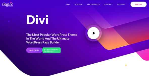 Homepage banner for Divi theme showcasing it as a popular WordPress theme with a call-to-action button.