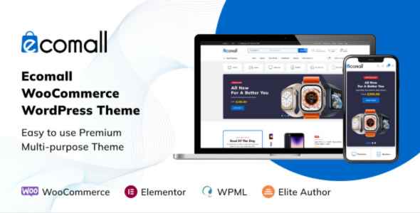 Promotional graphic for "Ecomall WooCommerce WordPress Theme" showing features and compatibility icons.