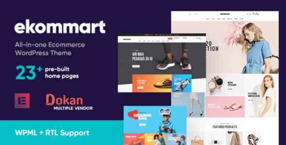 Ad for 'ekommart' eCommerce WordPress theme, highlighting features like pre-built pages and multivendor support.