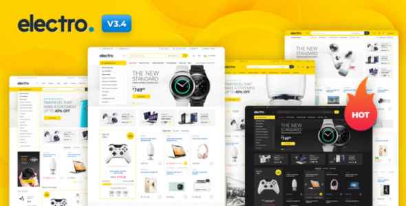 Promotional graphic for "Electro V3.4" showing various electronic product page layouts with a yellow background.