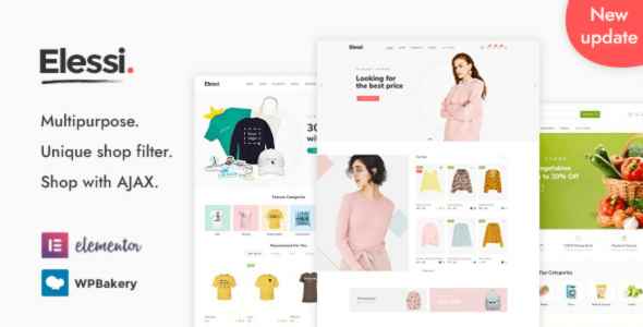 A collage showcasing features of the Elessi shop theme with various layout examples.