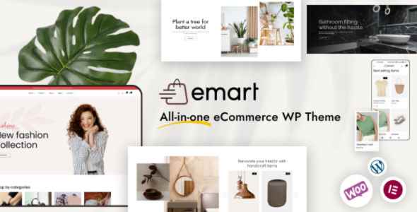 Collage showcasing features of 'eMart' eCommerce WordPress theme with various content previews.