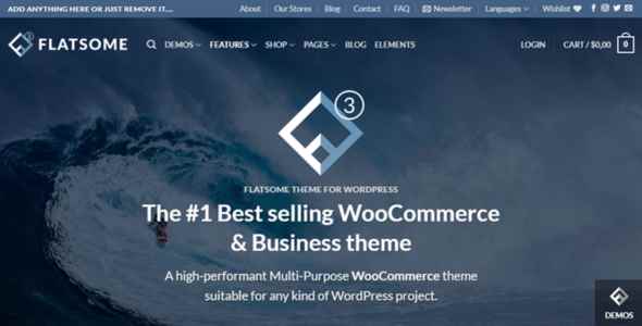 Homepage of Flatsome WordPress theme touting as the best-selling WooCommerce & Business theme, with a large wave background.