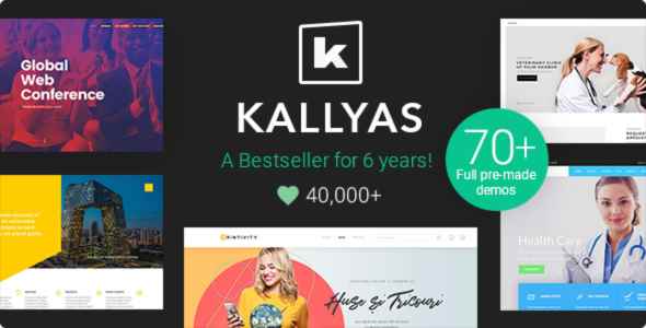 Promotional graphic for KALLYAS theme, highlighting bestseller status, demos, and user count.