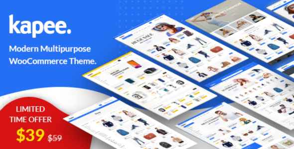 Advertisement for 'Kapee' WooCommerce theme with a price offer, displaying theme screenshots.