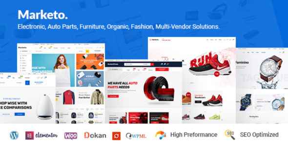 Promotional image for Marketo featuring various e-commerce templates for electronics, fashion, and more.