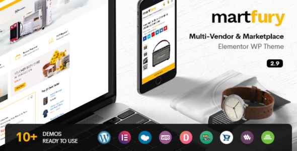 Ad for Martfury Elementor WP Theme showing a laptop, smartphone, and logos of compatible platforms.