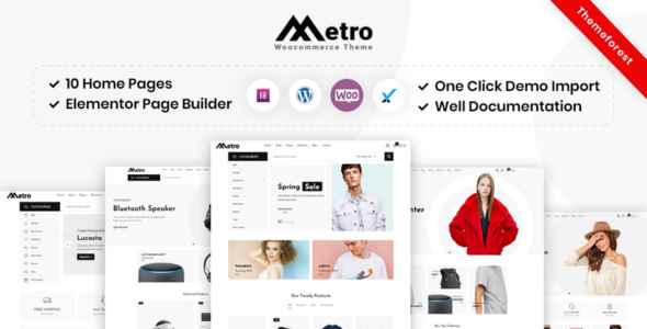 Promotional graphic for 'Metro' WooCommerce Theme with feature highlights and interface examples.