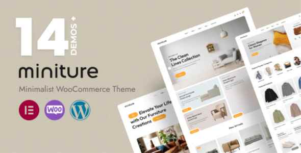 Ad for 'miniture', a minimalist WooCommerce theme with 14+ demos, showing web page layouts.