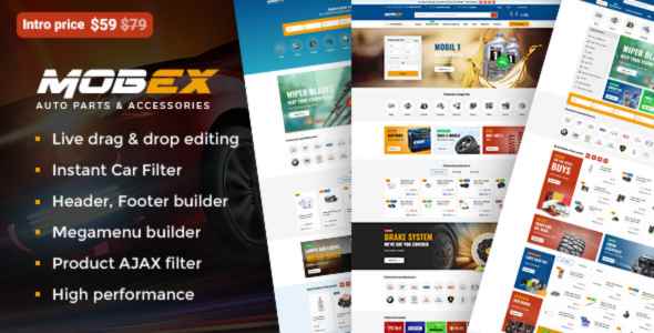 Advertisement for Mobex auto parts & accessories website theme with features listed.