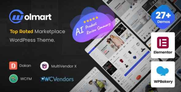 Promotional graphic for 'wolmart' top-rated marketplace WordPress theme featuring AI review summary and plugin logos.