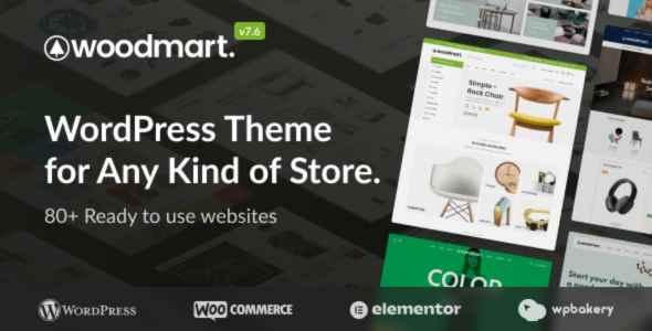 Promotional image for WoodMart WordPress theme, highlighting compatibility with WooCommerce and Elementor.