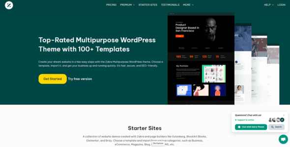 Zakra Webpage advertising multipurpose WordPress themes, highlighting features and templates.